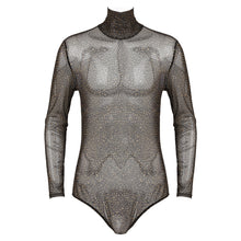 Load image into Gallery viewer, Mens See-through Mesh Leopard Printed Romper Jumpsuit Turtle Neck Long Sleeve Bodycon Bodysuit Party Stage Show Sexy Clubwear
