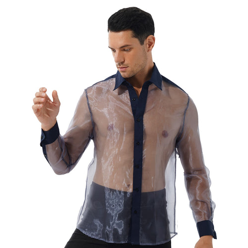 Mens See-through Organza Shirt Shiny Turn-down Collar Long Sleeve Button Down Shirts Tops for Party Club Stage Performance