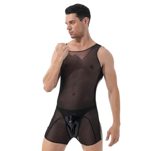 Mens Sexy See through Bodycon Patent Leather Patchwork Sheer Mesh Jumpsuits Nightwear Round Neck Sleeveless Bodysuit For Party