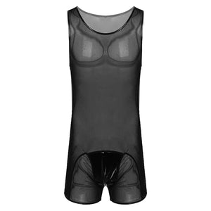 Mens Sexy See through Bodycon Patent Leather Patchwork Sheer Mesh Jumpsuits Nightwear Round Neck Sleeveless Bodysuit For Party