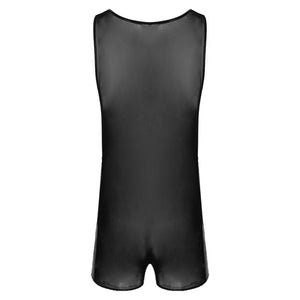 Mens Sexy See through Bodycon Patent Leather Patchwork Sheer Mesh Jumpsuits Nightwear Round Neck Sleeveless Bodysuit For Party