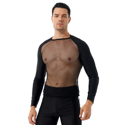 Mens Sexy See-through Mesh T-shirt Tops O Neck Long Sleeve Patchwork T-shirts Fashion T Shirt For Party Nightclub Stage Show