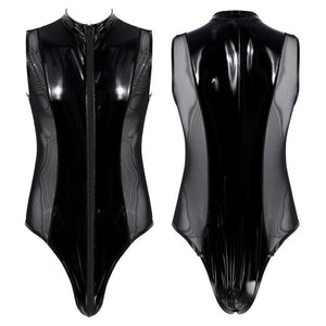Mens Shiny Metallic Patent Leather Jumpsuits Sheer Mesh Splice Lingerie Sleeveless Double Zipper High Cut Thong Leotard Bodysuit