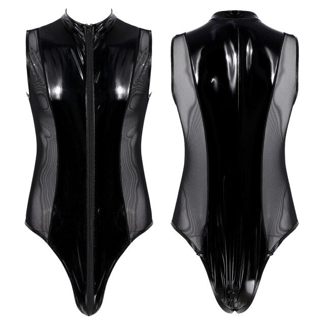 Mens Shiny Metallic Patent Leather Jumpsuits Sheer Mesh Splice Lingerie Sleeveless Double Zipper High Cut Thong Leotard Bodysuit