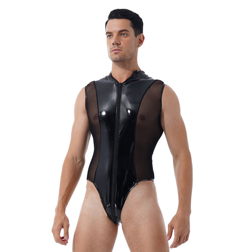 Mens Shiny Metallic Patent Leather Jumpsuits Sheer Mesh Splice Lingerie Sleeveless Double Zipper High Cut Thong Leotard Bodysuit