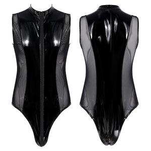 Mens Shiny Metallic Patent Leather Jumpsuits Sheer Mesh Splice Lingerie Sleeveless Double Zipper High Cut Thong Leotard Bodysuit