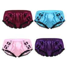 Load image into Gallery viewer, Mens Sissy Briefs Shiny Ruffled Floral Lace Satin Lingerie Gay Male Low Rise Stretchy Bikini Jockstraps Briefs Underwear Pant