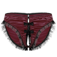 Load image into Gallery viewer, Mens Sissy Lace Exotic Lingerie Panties with Crotchless Thong Briefs Mesh Ruffles Trim Bowknot Underwear Low Rise Underpants