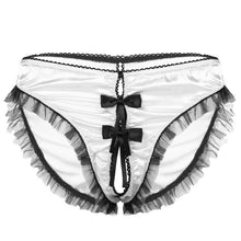 Load image into Gallery viewer, Mens Sissy Lace Exotic Lingerie Panties with Crotchless Thong Briefs Mesh Ruffles Trim Bowknot Underwear Low Rise Underpants