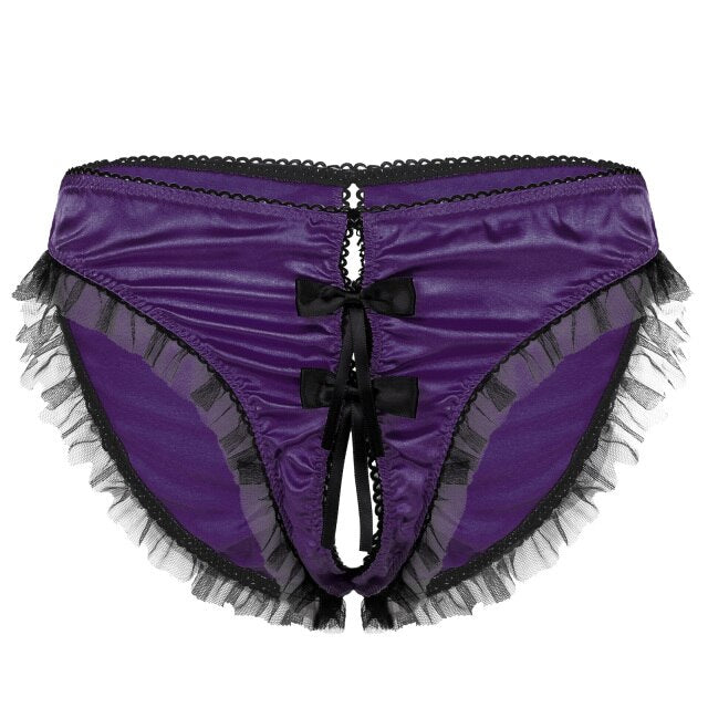 Mens Sissy Lace Exotic Lingerie Panties with Crotchless Thong Briefs Mesh Ruffles Trim Bowknot Underwear Low Rise Underpants