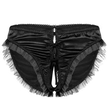 Load image into Gallery viewer, Mens Sissy Lace Exotic Lingerie Panties with Crotchless Thong Briefs Mesh Ruffles Trim Bowknot Underwear Low Rise Underpants