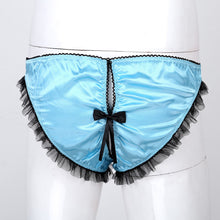 Load image into Gallery viewer, Mens Sissy Lace Exotic Lingerie Panties with Crotchless Thong Briefs Mesh Ruffles Trim Bowknot Underwear Low Rise Underpants