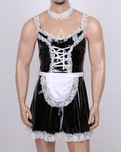 Load image into Gallery viewer, Mens Sissy Leather Maid Dress Cosplay Costume Lingerie Role Play Outfit Lace Trimming Sissy Maid Dress with Apron Neck Strap