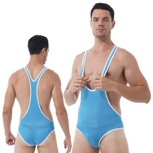 Mens Slim Fitted Bodycon Bodysuit Stretchy Deep U-Neck Sleeveless Skinny Jumpsuits Leotard Gym Sport Fitness Wrestling Singlet