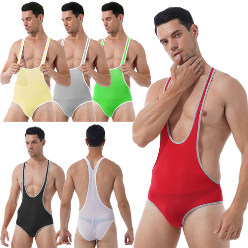 Mens Slim Fitted Bodycon Bodysuit Stretchy Deep U-Neck Sleeveless Skinny Jumpsuits Leotard Gym Sport Fitness Wrestling Singlet