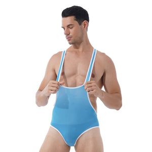 Mens Slim Fitted Bodycon Bodysuit Stretchy Deep U-Neck Sleeveless Skinny Jumpsuits Leotard Gym Sport Fitness Wrestling Singlet