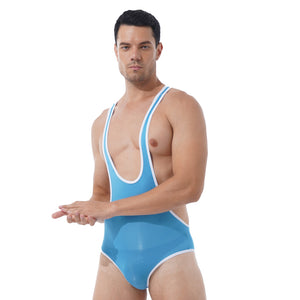 Mens Slim Fitted Bodycon Bodysuit Stretchy Deep U-Neck Sleeveless Skinny Jumpsuits Leotard Gym Sport Fitness Wrestling Singlet