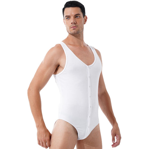 Mens Solid Color Jumpsuits Round Neck Sleeveless Bodysuit Leotard Press Button Closure Skinny Bodycon Gym Fitness Sportswear