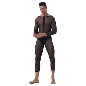 Mens Stripe Leopard Print Slim Romper One-piece Unitard See-through Skinny Jumpsuits Two-way Zipper Long Sleeve Leotard Bodysuit