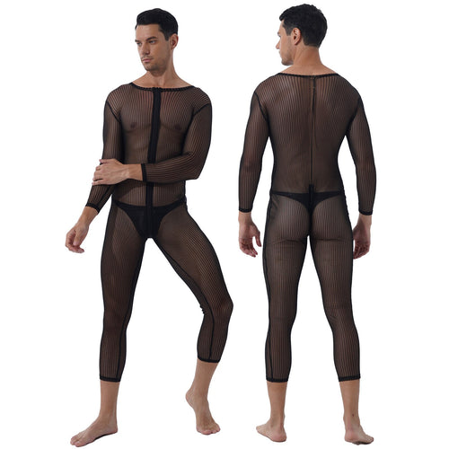 Mens Stripe Leopard Print Slim Romper One-piece Unitard See-through Skinny Jumpsuits Two-way Zipper Long Sleeve Leotard Bodysuit