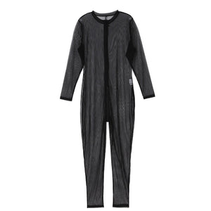 Mens Stripe Leopard Print Slim Romper One-piece Unitard See-through Skinny Jumpsuits Two-way Zipper Long Sleeve Leotard Bodysuit