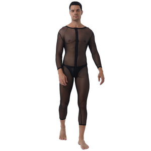 Mens Stripe Leopard Print Slim Romper One-piece Unitard See-through Skinny Jumpsuits Two-way Zipper Long Sleeve Leotard Bodysuit