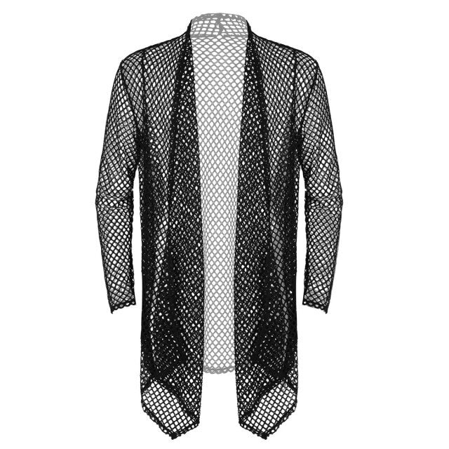 Mens Summer Fishnet Party Open Front Cardigan Asymmetric High Low Hem Mesh Transparent Long Cape T-Shirts Casual Cloak Tops