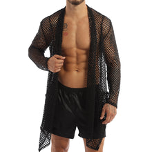 Load image into Gallery viewer, Mens Summer Fishnet Party Open Front Cardigan Asymmetric High Low Hem Mesh Transparent Long Cape T-Shirts Casual Cloak Tops