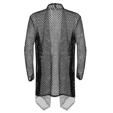 Load image into Gallery viewer, Mens Summer Fishnet Party Open Front Cardigan Asymmetric High Low Hem Mesh Transparent Long Cape T-Shirts Casual Cloak Tops