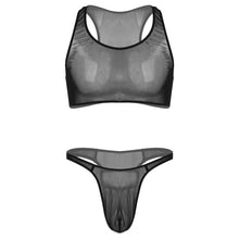 Load image into Gallery viewer, Mens Two-piece Erotic Lingerie Suit Swimwear See-through Mesh Sleeveless Cropped Tank Tops with Low Waist Thong Briefs Underwear