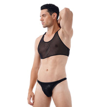 Load image into Gallery viewer, Mens Two-piece Erotic Lingerie Suit Swimwear See-through Mesh Sleeveless Cropped Tank Tops with Low Waist Thong Briefs Underwear