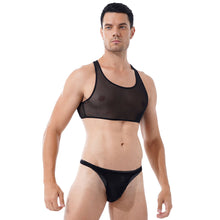 Load image into Gallery viewer, Mens Two-piece Erotic Lingerie Suit Swimwear See-through Mesh Sleeveless Cropped Tank Tops with Low Waist Thong Briefs Underwear