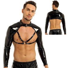 Load image into Gallery viewer, Mens Wetlook Faux Leather Tank Top Long Sleeve Stand Collar Studded Muscle O Ring Front Half Tank Top Sexy Nightclub Clubwear
