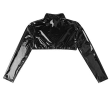 Load image into Gallery viewer, Mens Wetlook Faux Leather Tank Top Long Sleeve Stand Collar Studded Muscle O Ring Front Half Tank Top Sexy Nightclub Clubwear