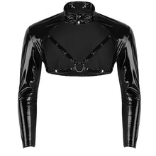 Load image into Gallery viewer, Mens Wetlook Faux Leather Tank Top Long Sleeve Stand Collar Studded Muscle O Ring Front Half Tank Top Sexy Nightclub Clubwear