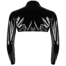 Load image into Gallery viewer, Mens Wetlook Faux Leather Tank Top Long Sleeve Stand Collar Studded Muscle O Ring Front Half Tank Top Sexy Nightclub Clubwear