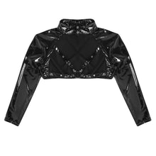 Load image into Gallery viewer, Mens Wetlook Faux Leather Tank Top Long Sleeve Stand Collar Studded Muscle O Ring Front Half Tank Top Sexy Nightclub Clubwear