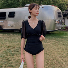 Load image into Gallery viewer, Mesh Puff Sleeves Solid Flounce Tight Swimwear High Waist Hollow Out Bandage Beach Bikini Sexy Two-piece Bathingsuit Women Dress