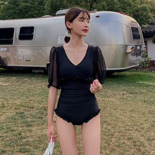 Mesh Puff Sleeves Solid Flounce Tight Swimwear High Waist Hollow Out Bandage Beach Bikini Sexy Two-piece Bathingsuit Women Dress