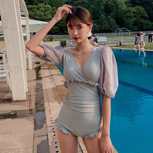 Load image into Gallery viewer, Mesh Puff Sleeves Solid Flounce Tight Swimwear High Waist Hollow Out Bandage Beach Bikini Sexy Two-piece Bathingsuit Women Dress