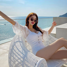 Load image into Gallery viewer, Mesh Short Sleeves Off Shoulder Monokini Female Sexy Wrap Chest Pleated Bodysuit Korea Style Trikini One Piece Bathing Suit