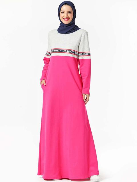 Middle East Abaya Muslim Letter Print Stitching Contrast Pocket Long Skirt With Hijab Arabic Sweater Dress For Women Robe