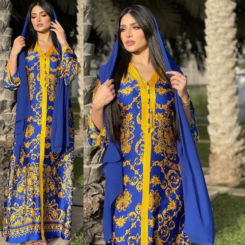 Middle East Arab Women's Muslim Satin Robe Southeast Asia Middle East Blue Fashion Printed Dress For Eid Without Turban