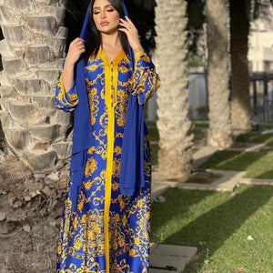 Middle East Arab Women's Muslim Satin Robe Southeast Asia Middle East Blue Fashion Printed Dress For Eid Without Turban