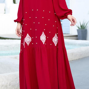 Middle East Dignified Red Plus Size Ladies Embroidered Beaded Long-sleeved Arabian Casual Long Skirt Muslim Prayer Clothes