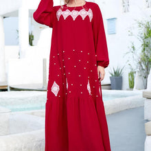 Load image into Gallery viewer, Middle East Dignified Red Plus Size Ladies Embroidered Beaded Long-sleeved Arabian Casual Long Skirt Muslim Prayer Clothes