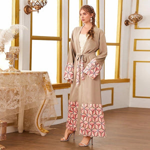 Middle East Muslim New Fashion Geometric Stitching Lace Dubai Arab Cardigan Robe Muslim Woman Caftan Daily Casual Home Wear