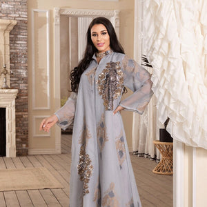 Middle East Plus Size Women's Muslim Evening Dress, Sequin Embroidered Net Yarn Ladies Dress Moroccan  Party Evening Dress