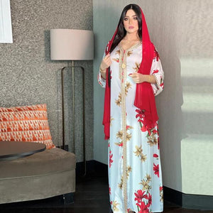 Middle East Women's Muslim Printed Dress Lace Ribbon Arabian Abaya Dubai Muslim Ladies Elegant Robes Muslim Woman Kimono