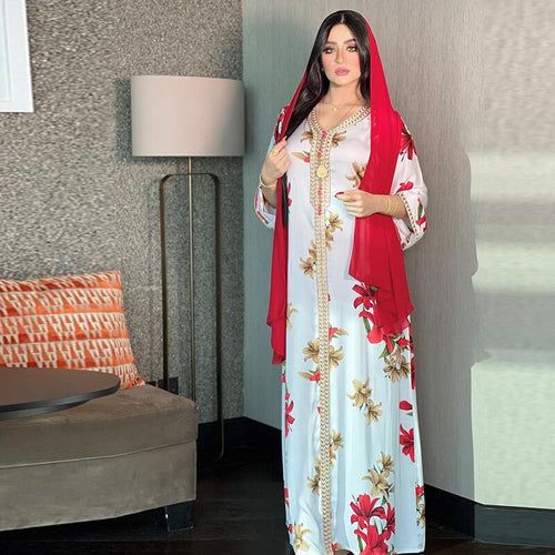 Middle East Women's Muslim Printed Dress Lace Ribbon Arabian Abaya Dubai Muslim Ladies Elegant Robes Muslim Woman Kimono